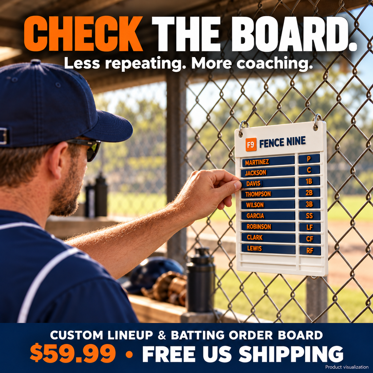 Coach changing a player card on a Fence Nine lineup and batting order board hanging inside the dugout on chain link. Product visualization.